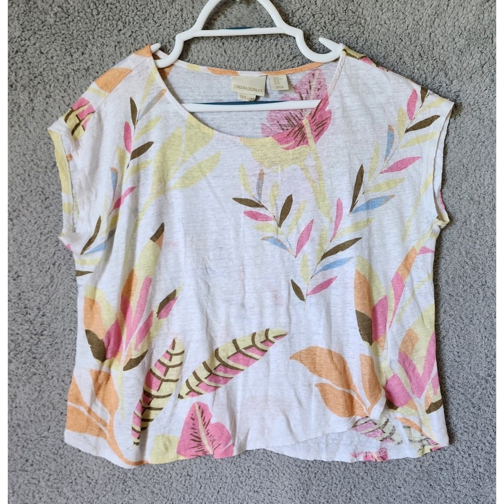 Cynthia Rowley Top Womens XL White Pink Yellow Floral 100% Linen‎ Tropical Leaf